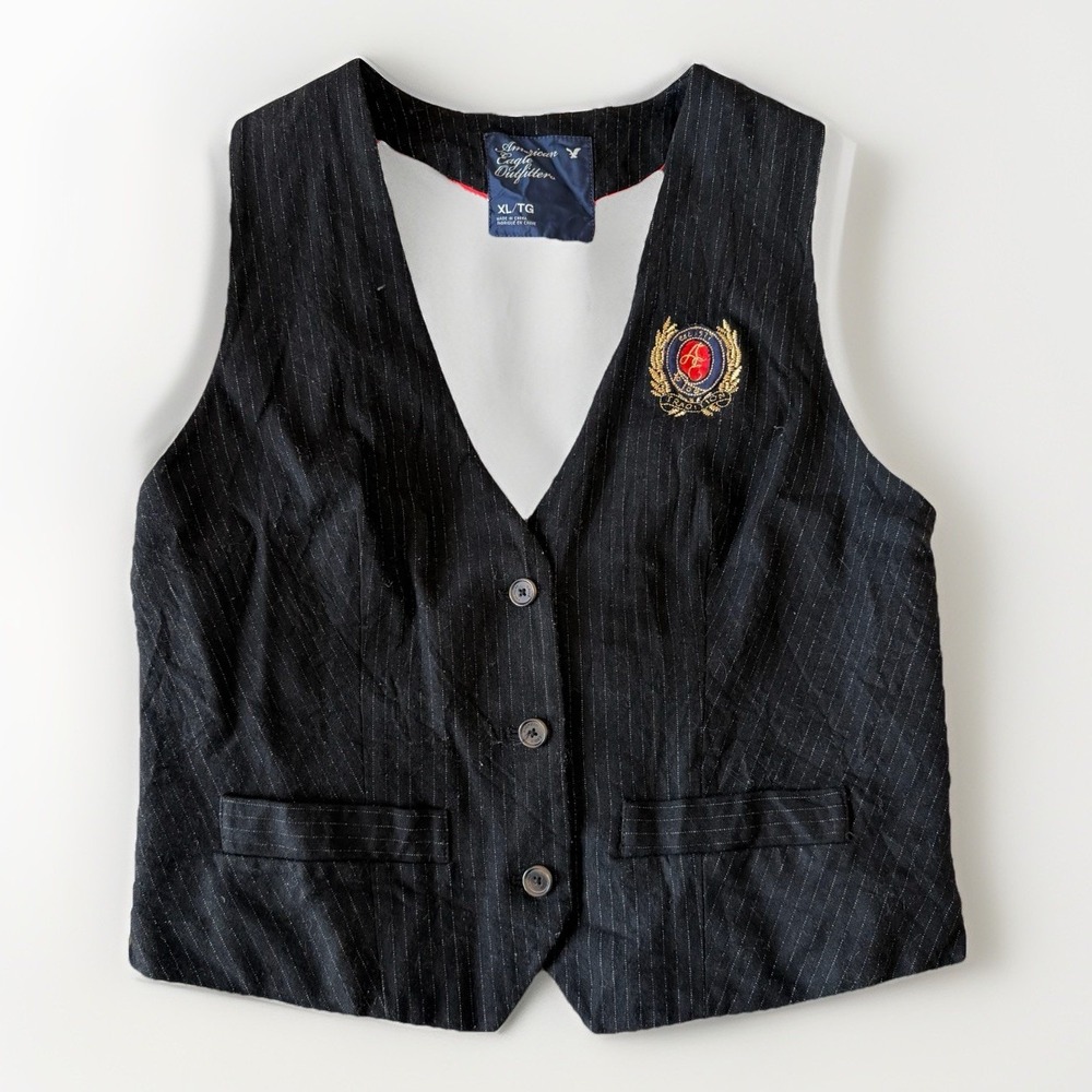 American‎ Eagle VTG Womens Navy Pinstripe Vest Patch XL Academia Prep School Y2K